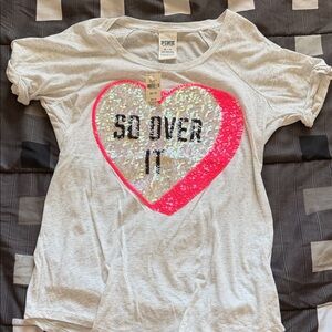 PINK Victoria's Secret Gray Tee with Pink and Silver Sequin Heart